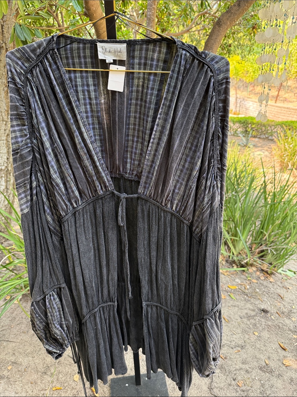 Oli & Hali Charcoal Black Crinkled Tie-Front Tunic
